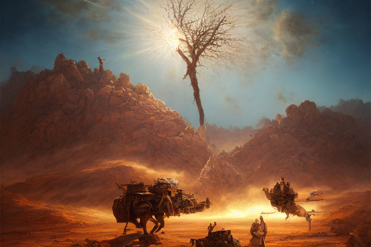 Barren landscape with lone tree, rocky terrain, and mechanical beast vehicles.