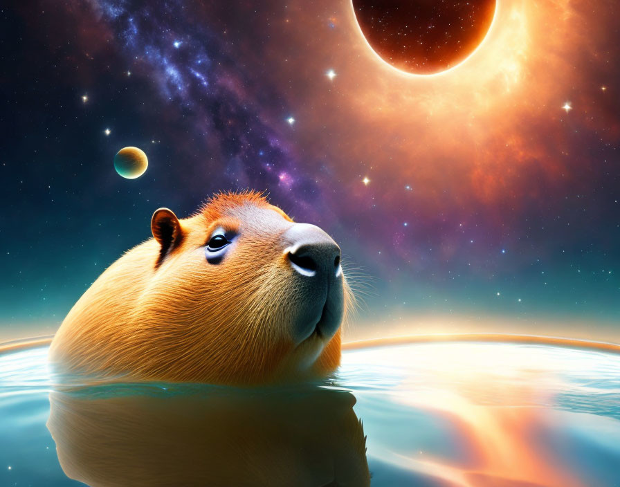 Calm Capybara Floating in Cosmic Water