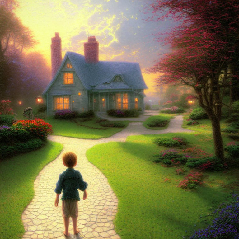 Child on Cobblestone Path at Dusk Near Cozy Cottage