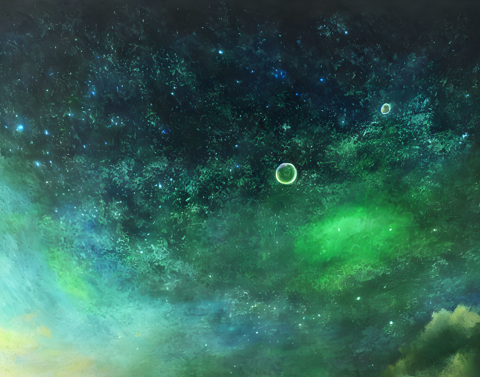 Colorful Nebula Painting with Green and Blue Hues, Stars, and Planets