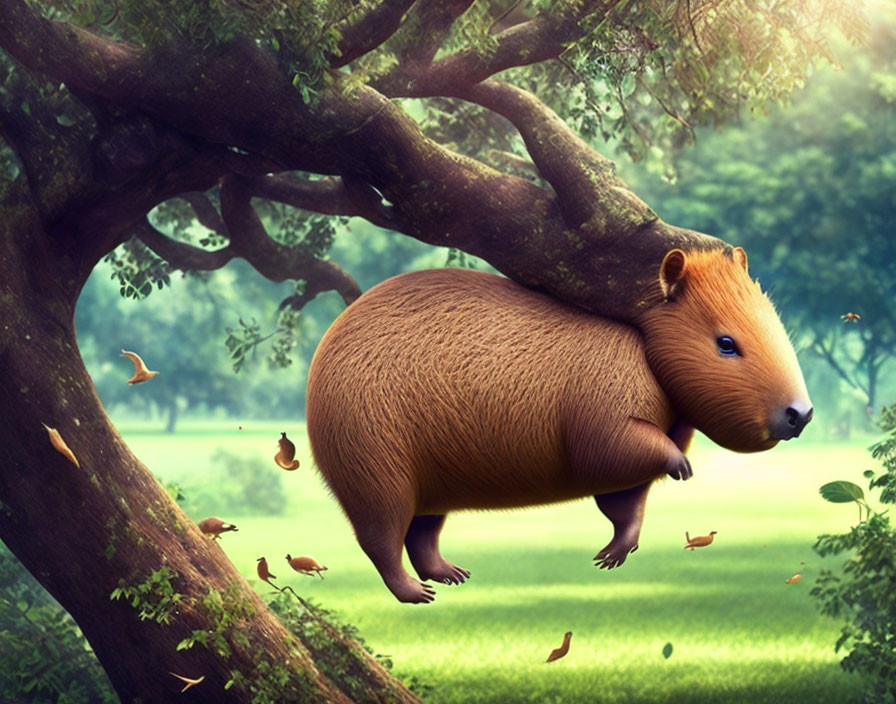 Giant capybara-like creature relaxing on tree branch with birds