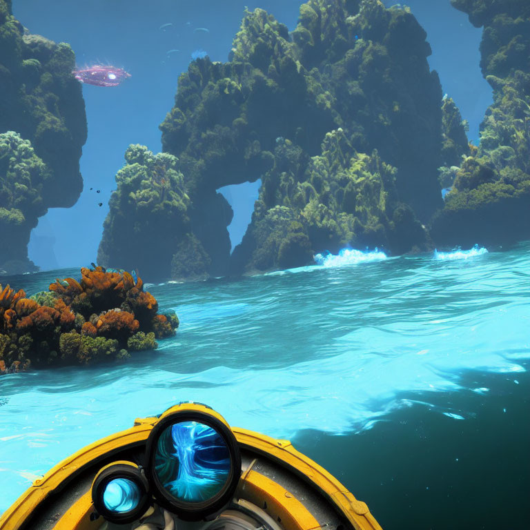 Fantastical seascape with rocky islands, coral formations, and submarine under blue sky and flying sa