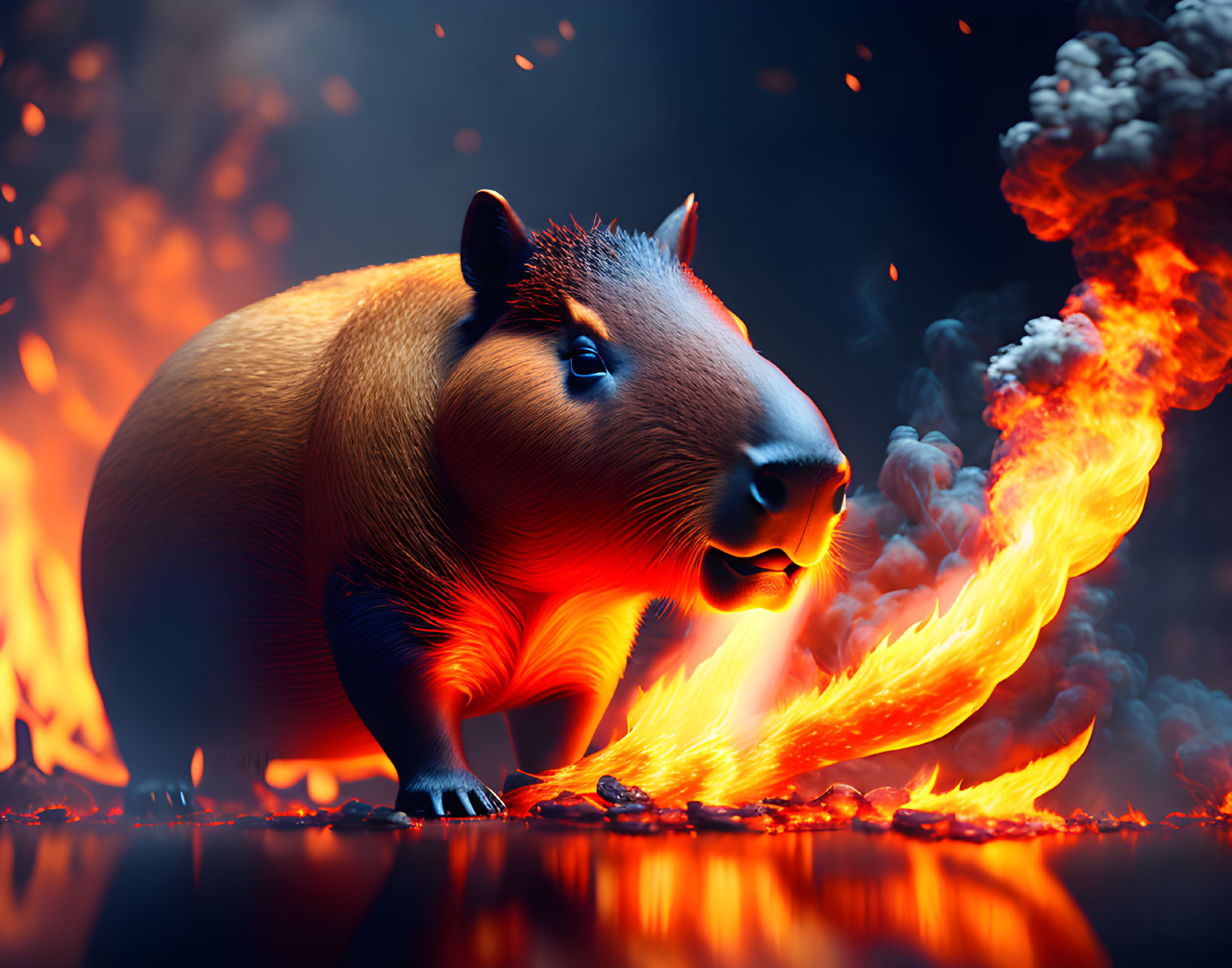 Stylized capybara in glowing underlighting among fiery embers and smoke