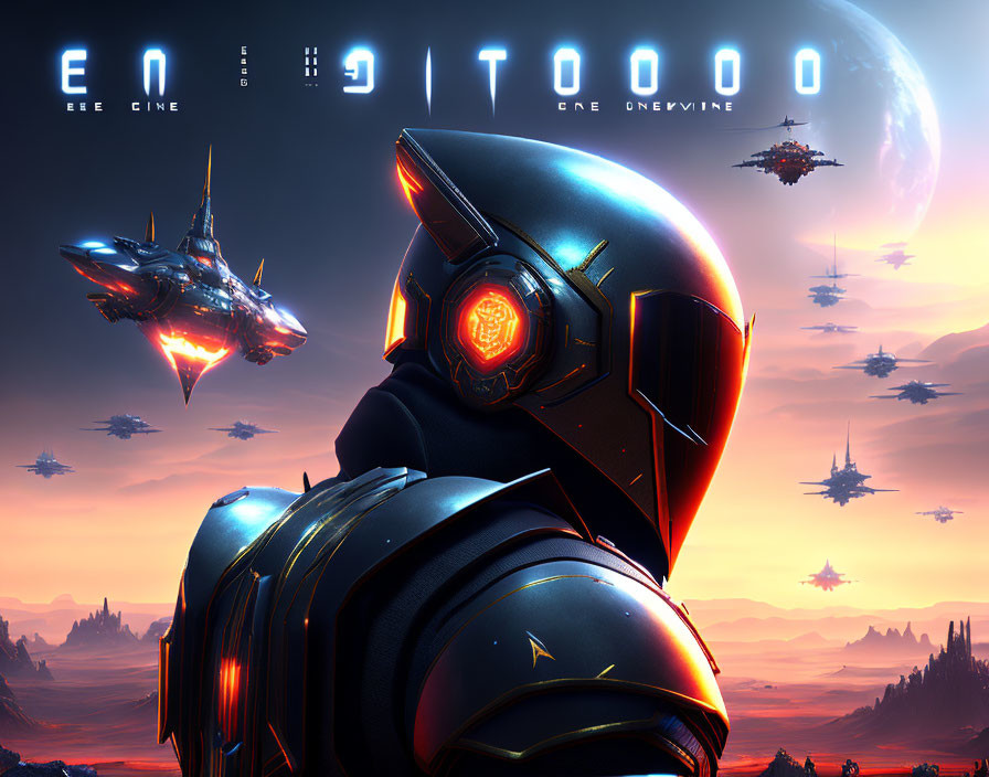 Futuristic warrior in armor gazes at sunset sky with spaceships and planet