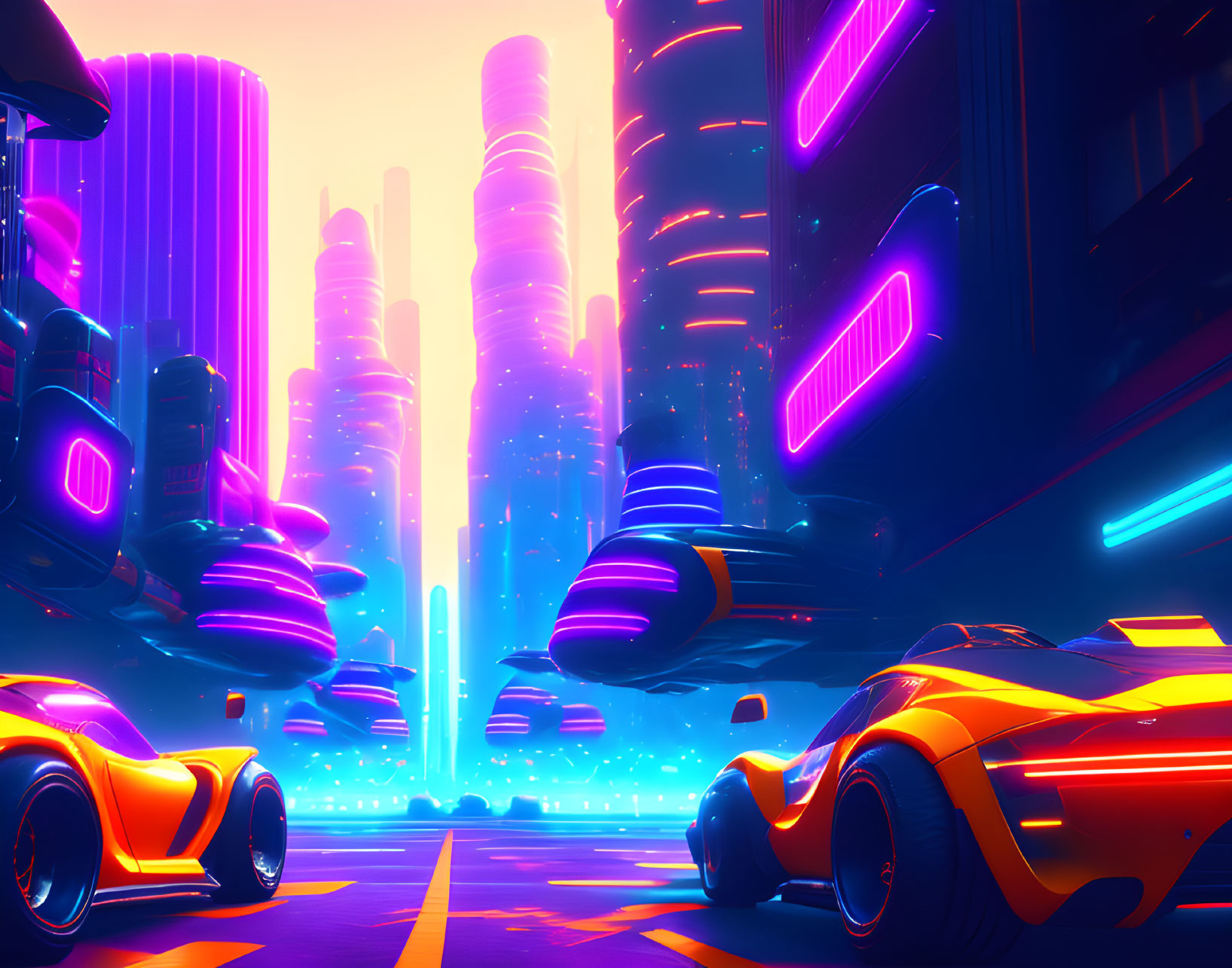 Futuristic cityscape with neon-lit skyscrapers and flying cars at dusk