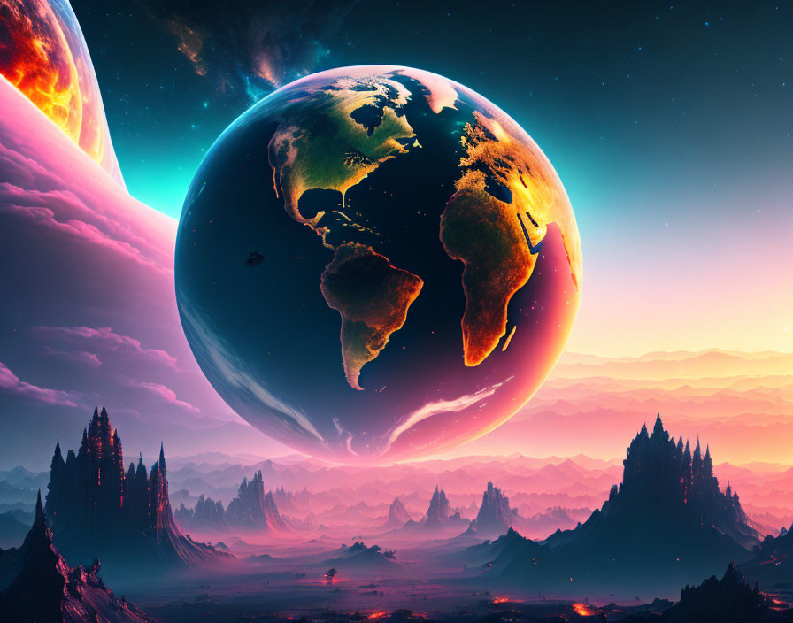 Oversized Earth in vibrant sci-fi landscape with alien terrain