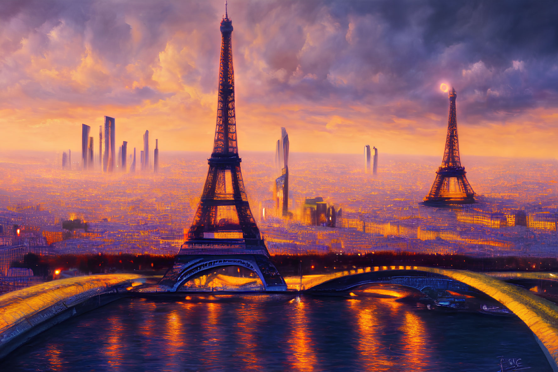 Digital artwork: Paris skyline with twin Eiffel Towers in futuristic cityscape at dusk