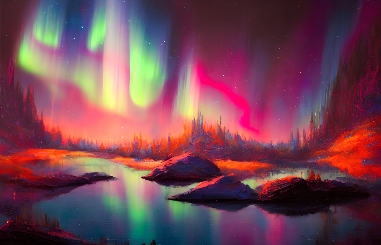 Colorful auroras over fantasy landscape with red foliage and blue water