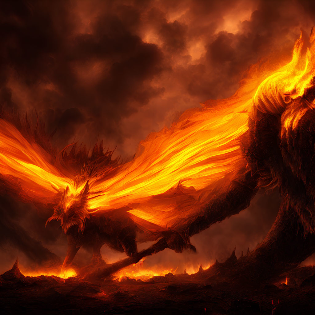 Fiery dragon with glowing wings in dark volcanic terrain