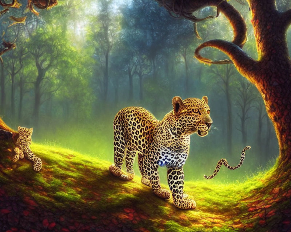 Digital Painting: Two Leopards in Mystical Forest with Sunlight Filtering Through Trees