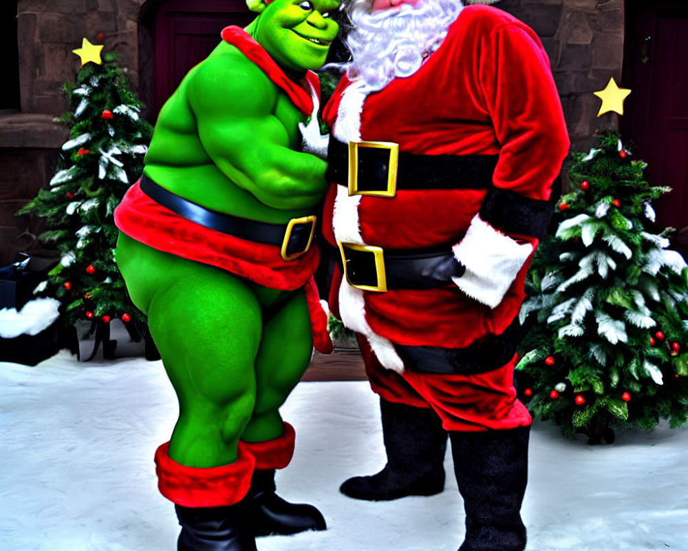 Costumed characters as Grinch and Santa Claus posing among Christmas trees and snow