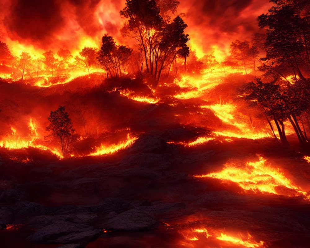 Intense Nighttime Forest Fire with Raging Orange Flames