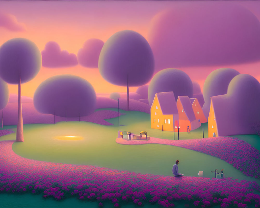 Stylized purple landscape with rolling hills, trees, pond, house, and figure on bench