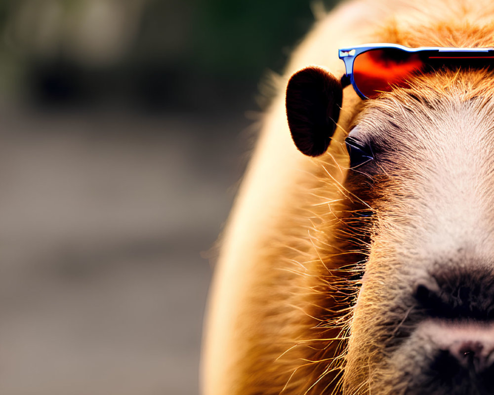 Brown Dog Wearing Blue Sunglasses in Close-Up Shot