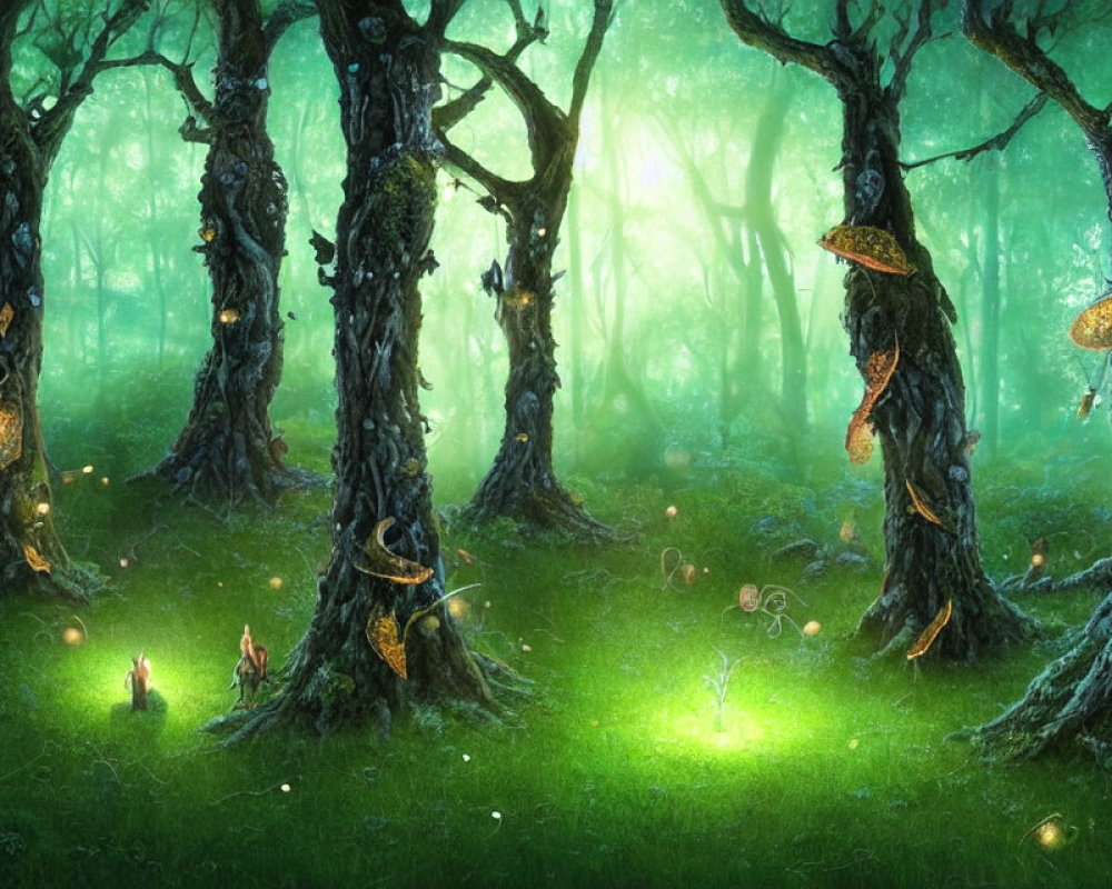 Luminous mushrooms and fireflies in mystical forest