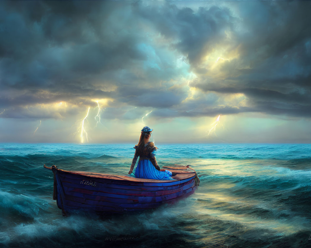 Woman in Blue Dress Standing in Boat Amidst Stormy Seas