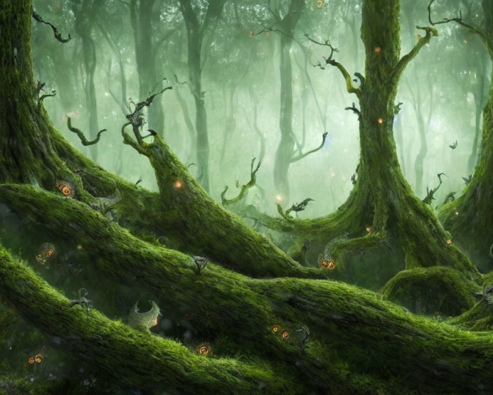 Moss-covered trees and glowing orange lights in misty forest