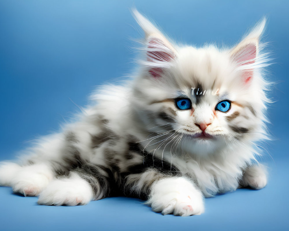 Fluffy White Kitten with Black Spots and Blue Eyes on Blue Background