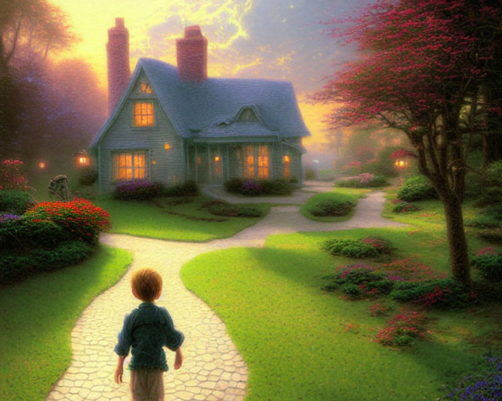 Child on Cobblestone Path at Dusk Near Cozy Cottage