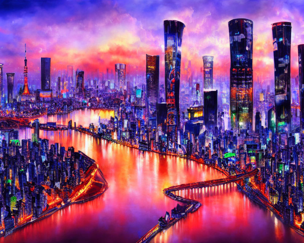 Futuristic cityscape with glowing river and colorful sky