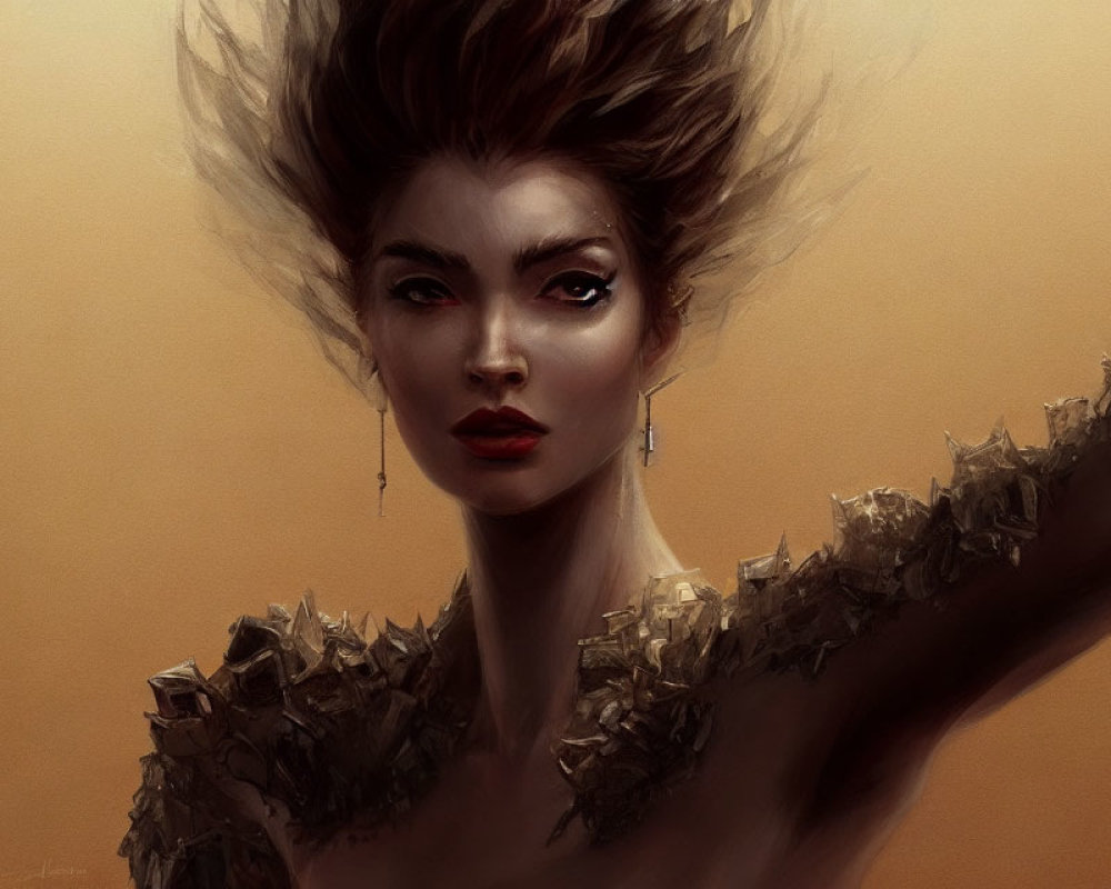 Digital painting of woman with striking makeup, voluminous hair, and textured gold shoulder piece.