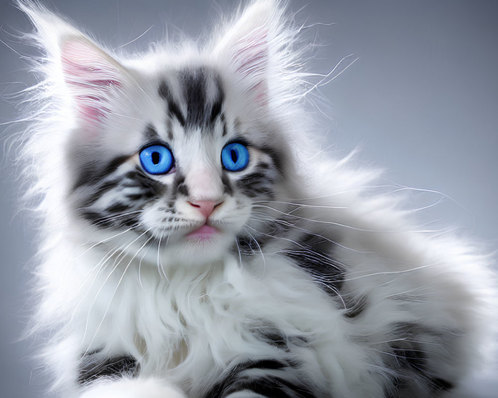 Fluffy black and white kitten with blue eyes and whiskers on grey background