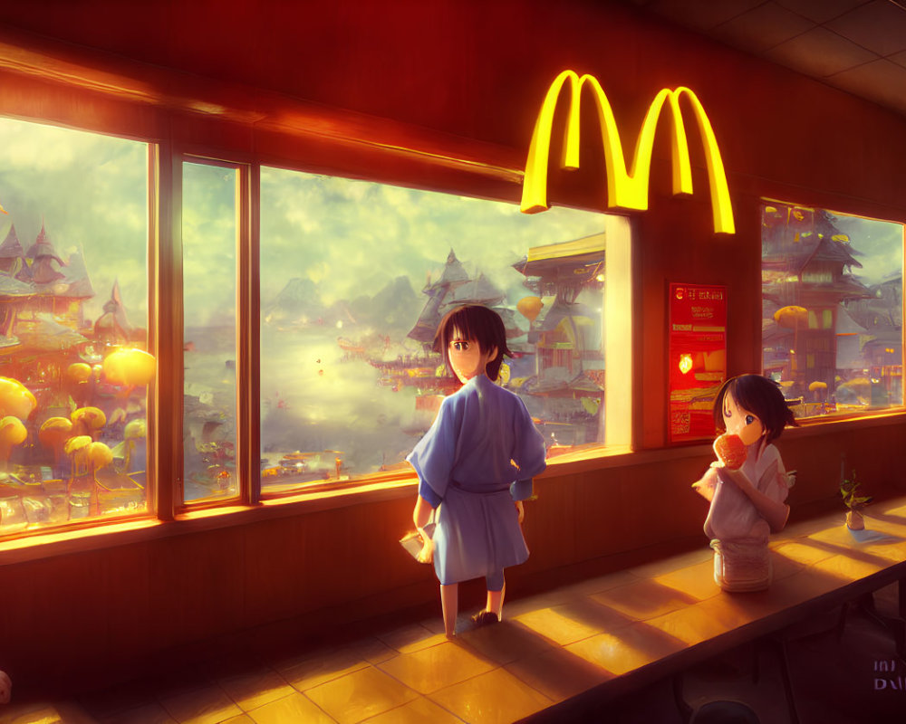 Animated characters in traditional McDonald's with fantasy landscape view.