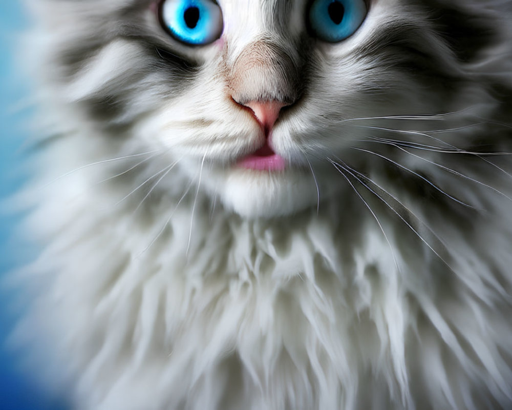 Fluffy white cat with blue eyes and pink nose on blue background