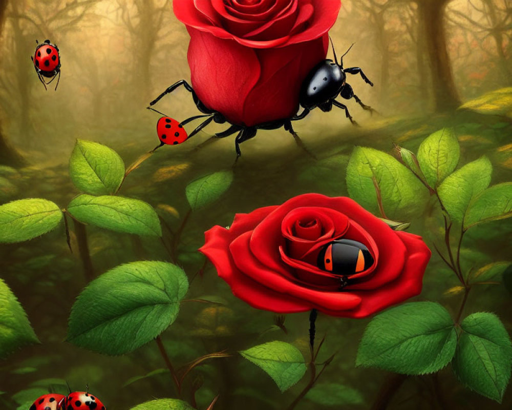 Red roses and ladybugs in misty forest scene