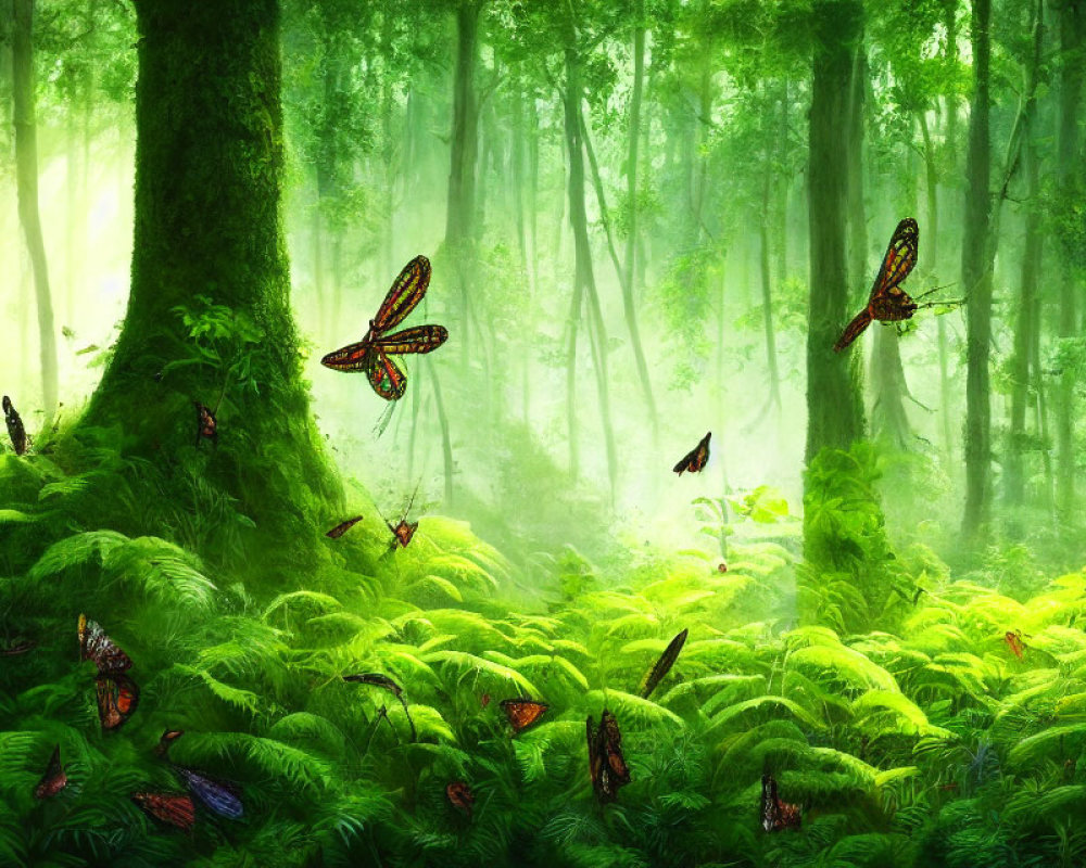 Sunlit Forest with Vibrant Ferns and Butterflies