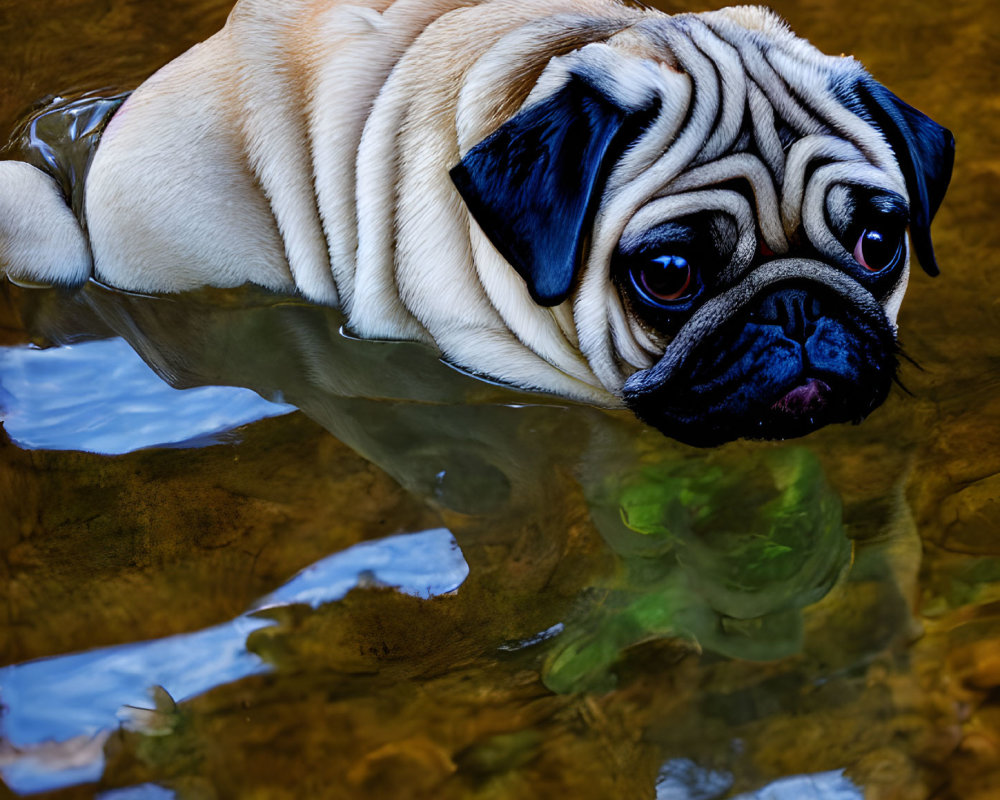 Pug dog standing in shallow water with serious expression