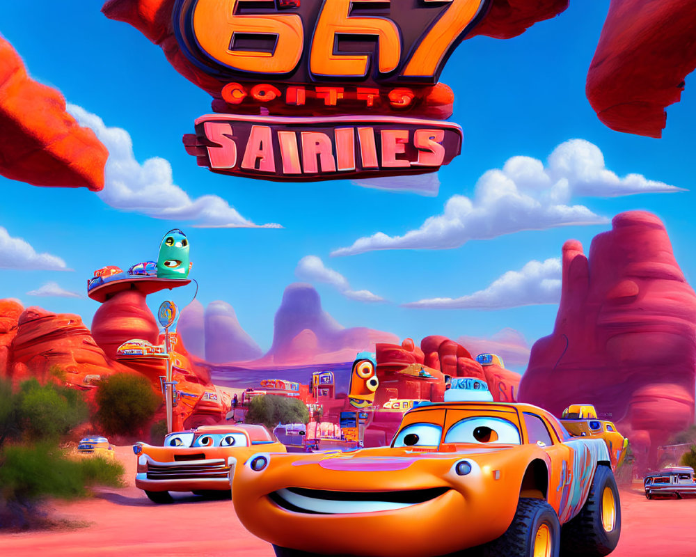 Vibrant animated cars on Route 66 with desert backdrop