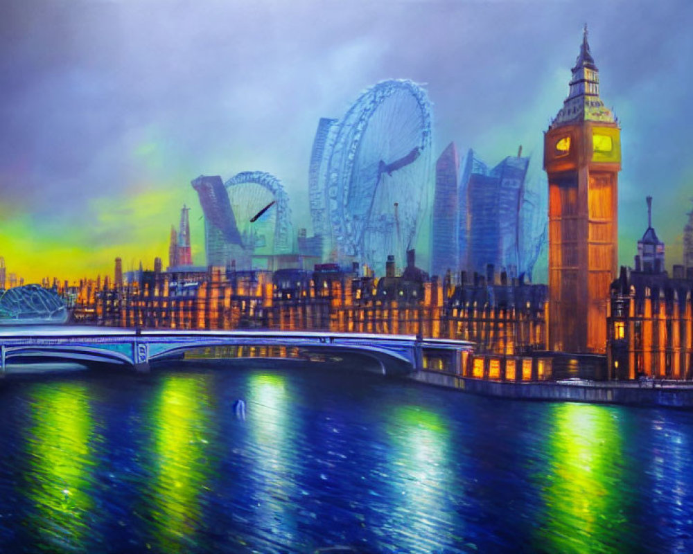 Colorful London skyline painting with London Eye and Big Ben at dusk.