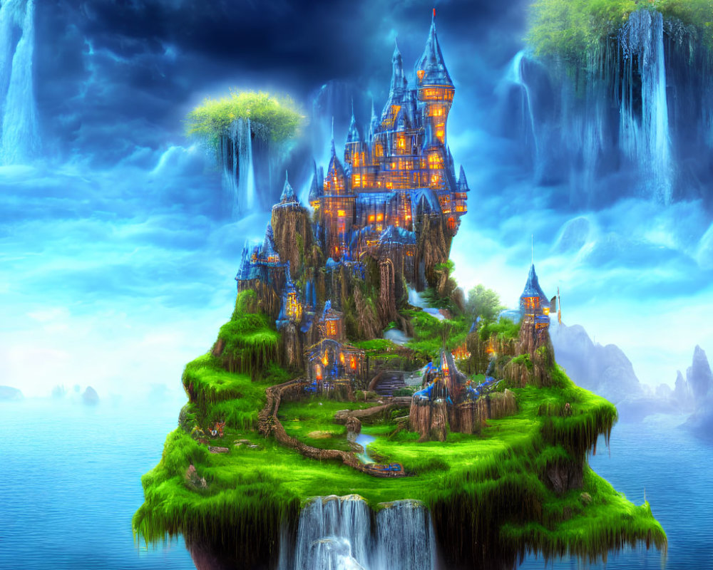 Majestic castle on a fantastical floating island with lush greenery