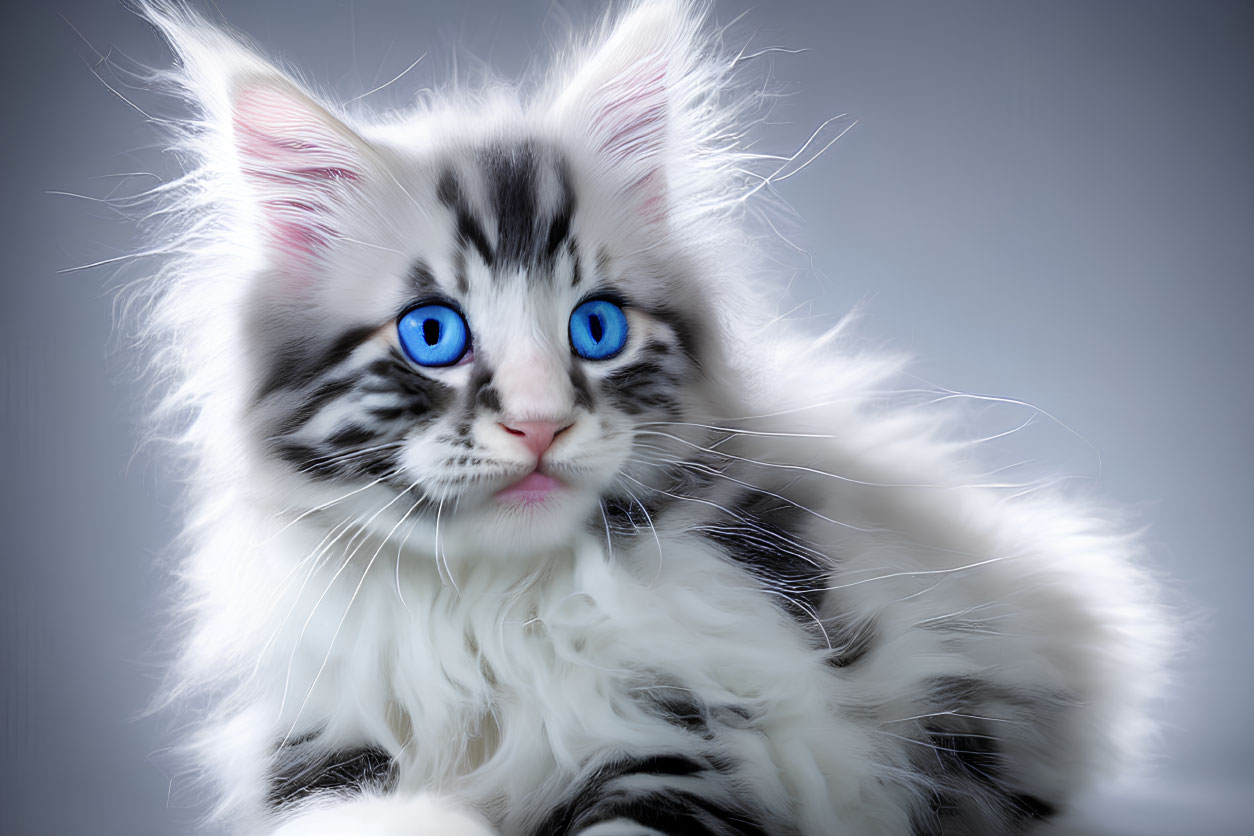 Fluffy black and white kitten with blue eyes and whiskers on grey background