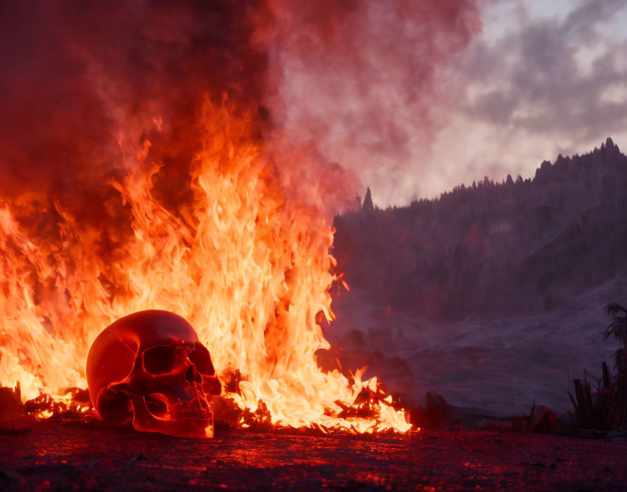 Skull in Flames with Dusk Forest Background