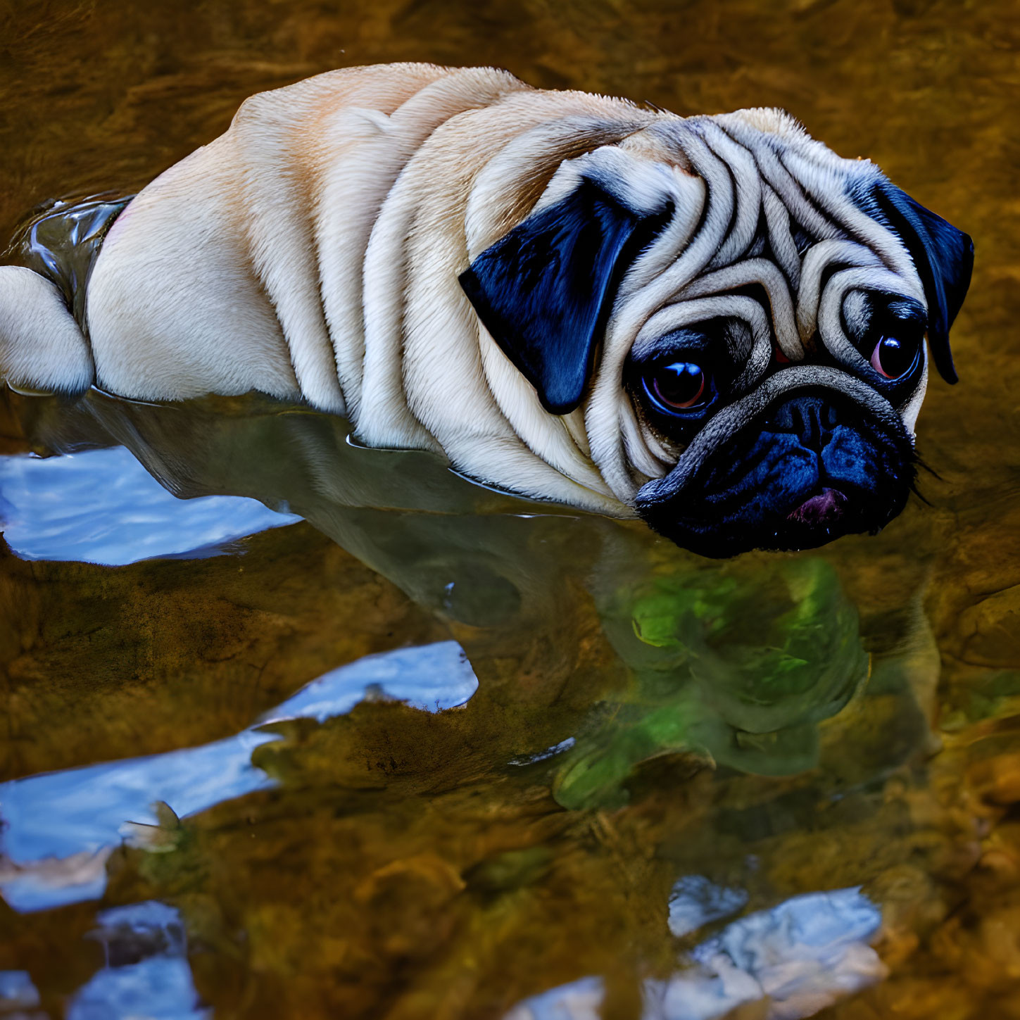 Pug dog standing in shallow water with serious expression