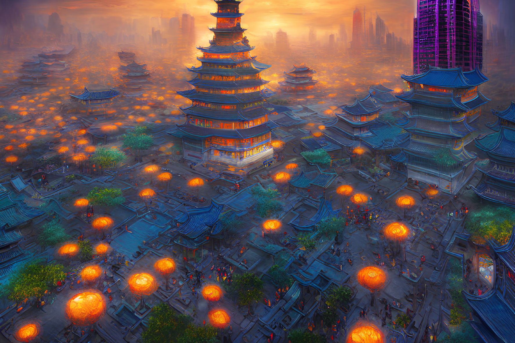 Futuristic cityscape with Asian architecture and skyscrapers under orange sunset sky