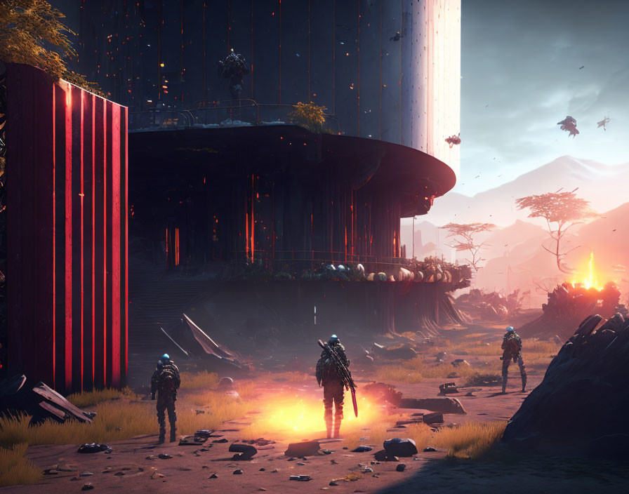 Futuristic soldiers on war-torn alien planet with damaged structure