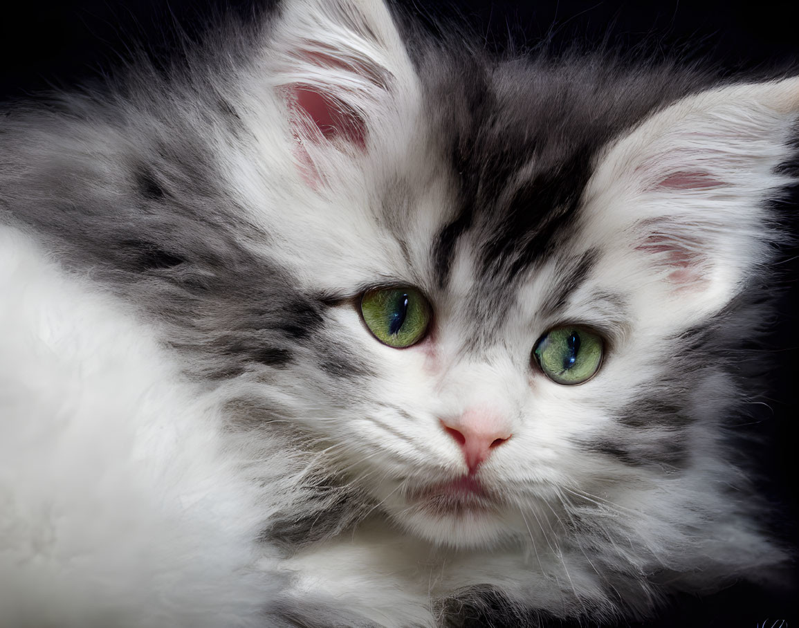 Gray and White Kitten with Green Eyes and Pink Nose Portrait