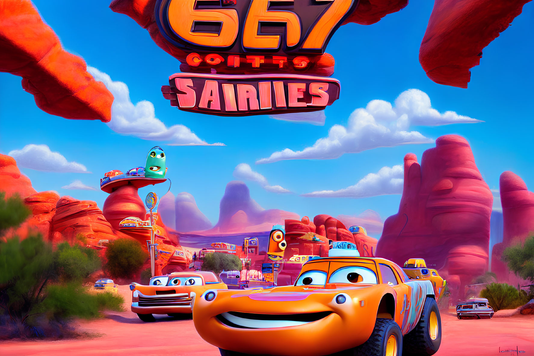 Vibrant animated cars on Route 66 with desert backdrop