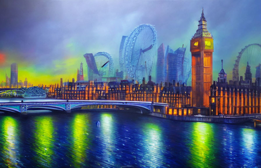 Colorful London skyline painting with London Eye and Big Ben at dusk.