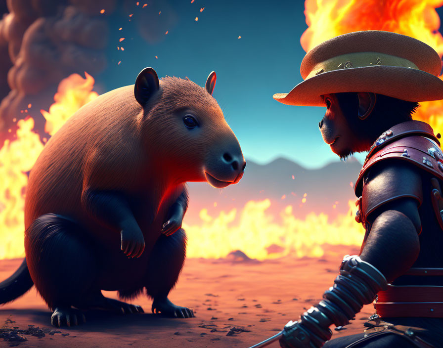 Capybara and armored monkey face off in fiery landscape