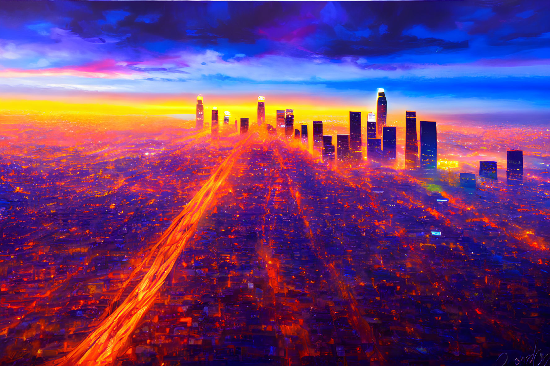 Colorful cityscape: sunset hues, illuminated buildings, streaking lights