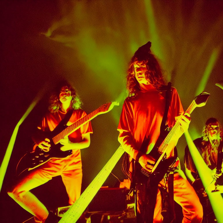 Musicians with electric guitars on stage under green lighting