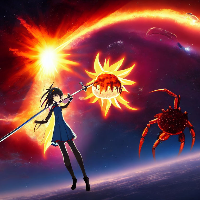 Anime-style girl with spear battles giant crab in cosmic scene