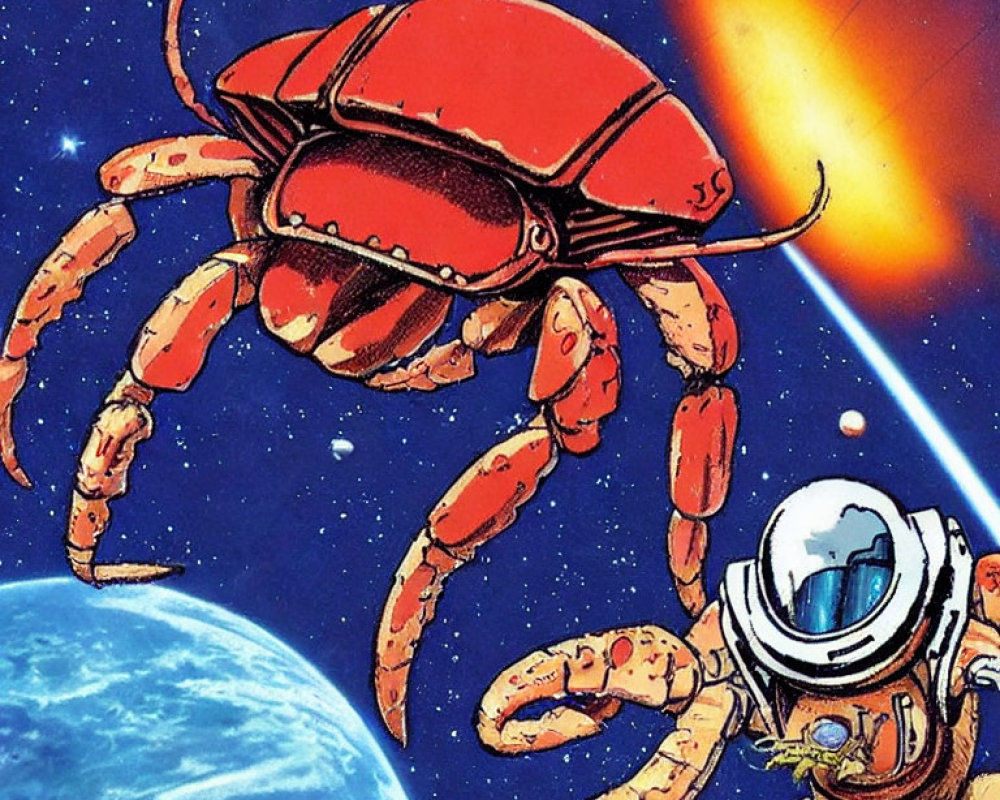 Astronaut faces giant red mechanical crab in space