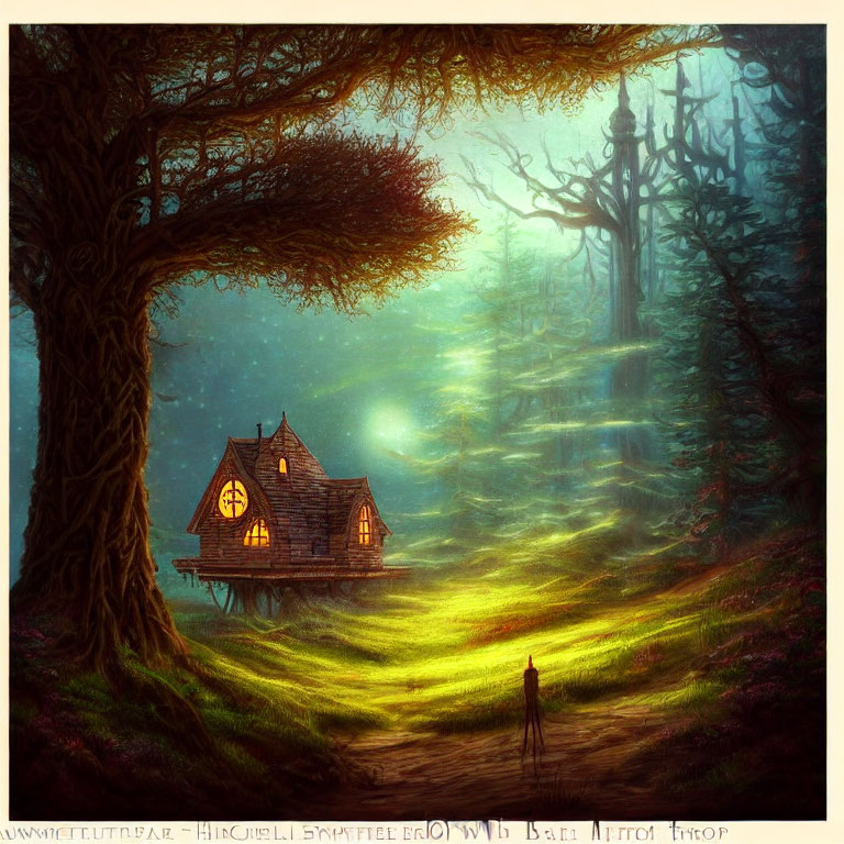 Enchanted forest scene with glowing cottage and figure in ethereal light