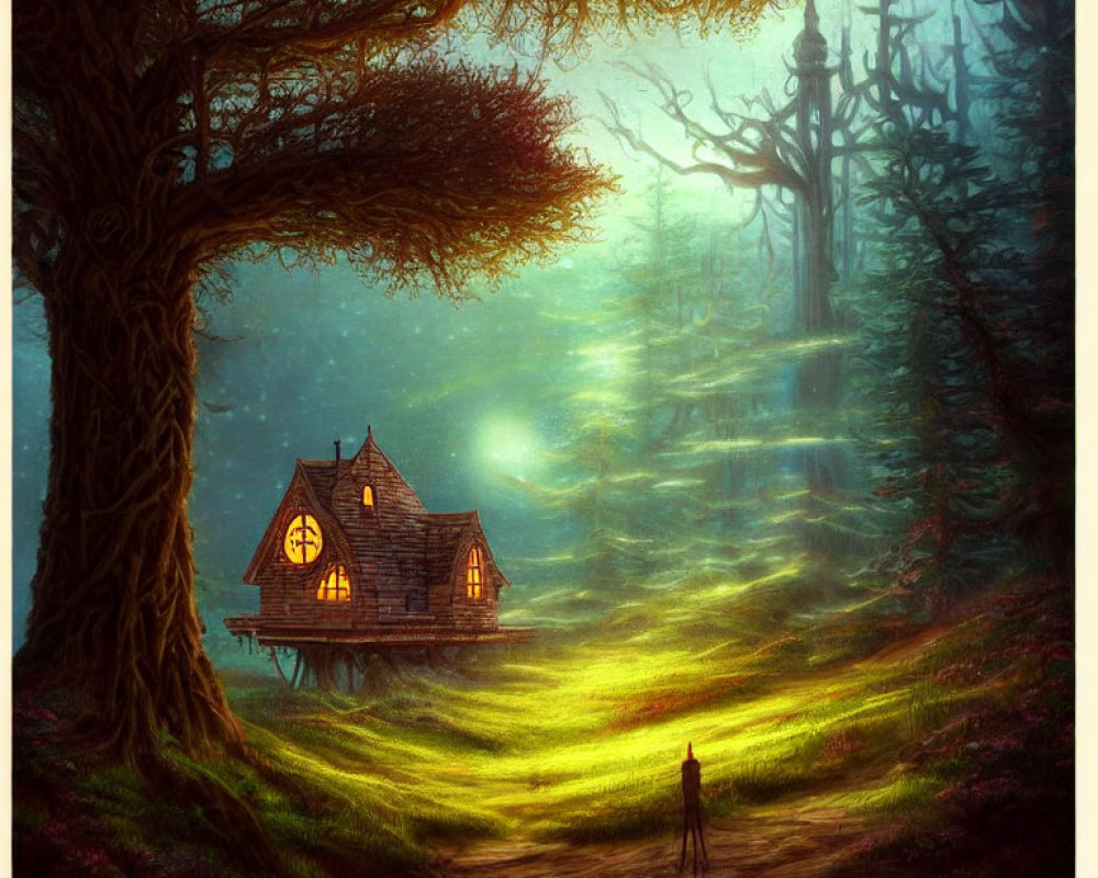 Enchanted forest scene with glowing cottage and figure in ethereal light