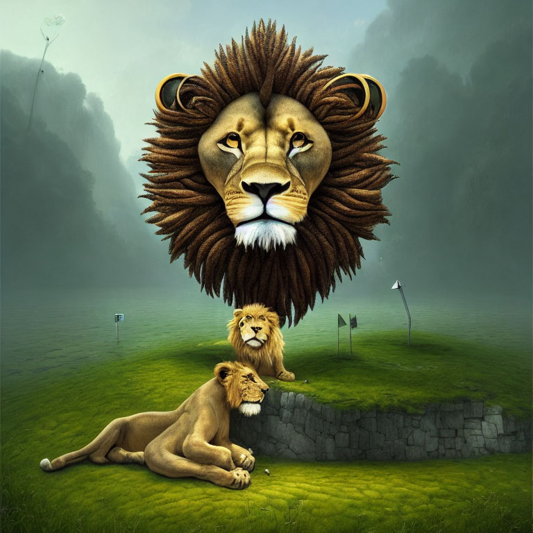 Surreal image of giant lion head above serene landscape